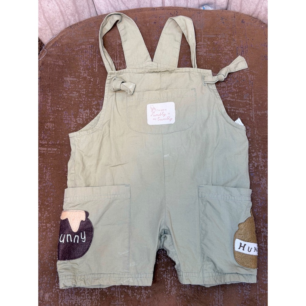 Disney Winnie the Pooh Sage Green Shortalls Rumbly in my Tumbly Overalls